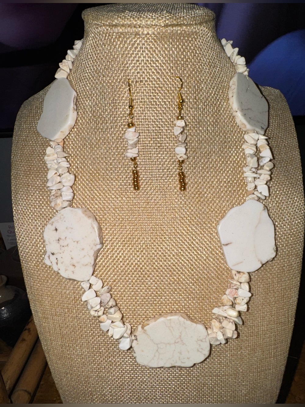 Handcrafted White Howlite Chip Necklace with Matching Earrings